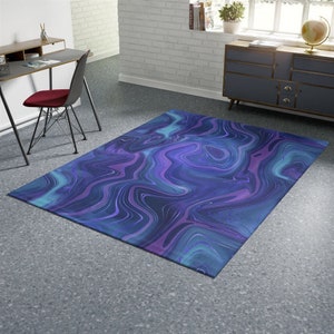Blue Area Rug - Dark Blue Purple Abstract Marble Rug For Living Room, Blue Bedroom Rug, Decorative, Blue Home Decor