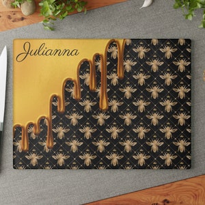 Personalized Bee Gift Cutting Board - Honeycomb Bumblebee Decor, Honey Bee Gifts, Queen Bee, Gold Black Kitchen, Unique Glass Cutting Board