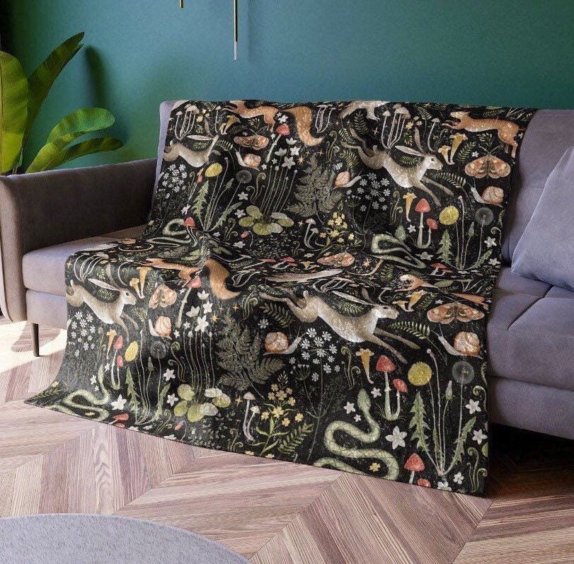 Dark Woodland Animal Blanket - Soft Minky Black Throw