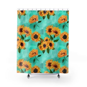 Teal Sunflower Shower Curtain - Summer Vintage Sunflower Art Blue Bathroom Shower Curtain