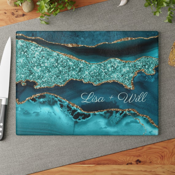 Custom Teal Glass Chopping Board Geode Ocean Blue Tempered Glass