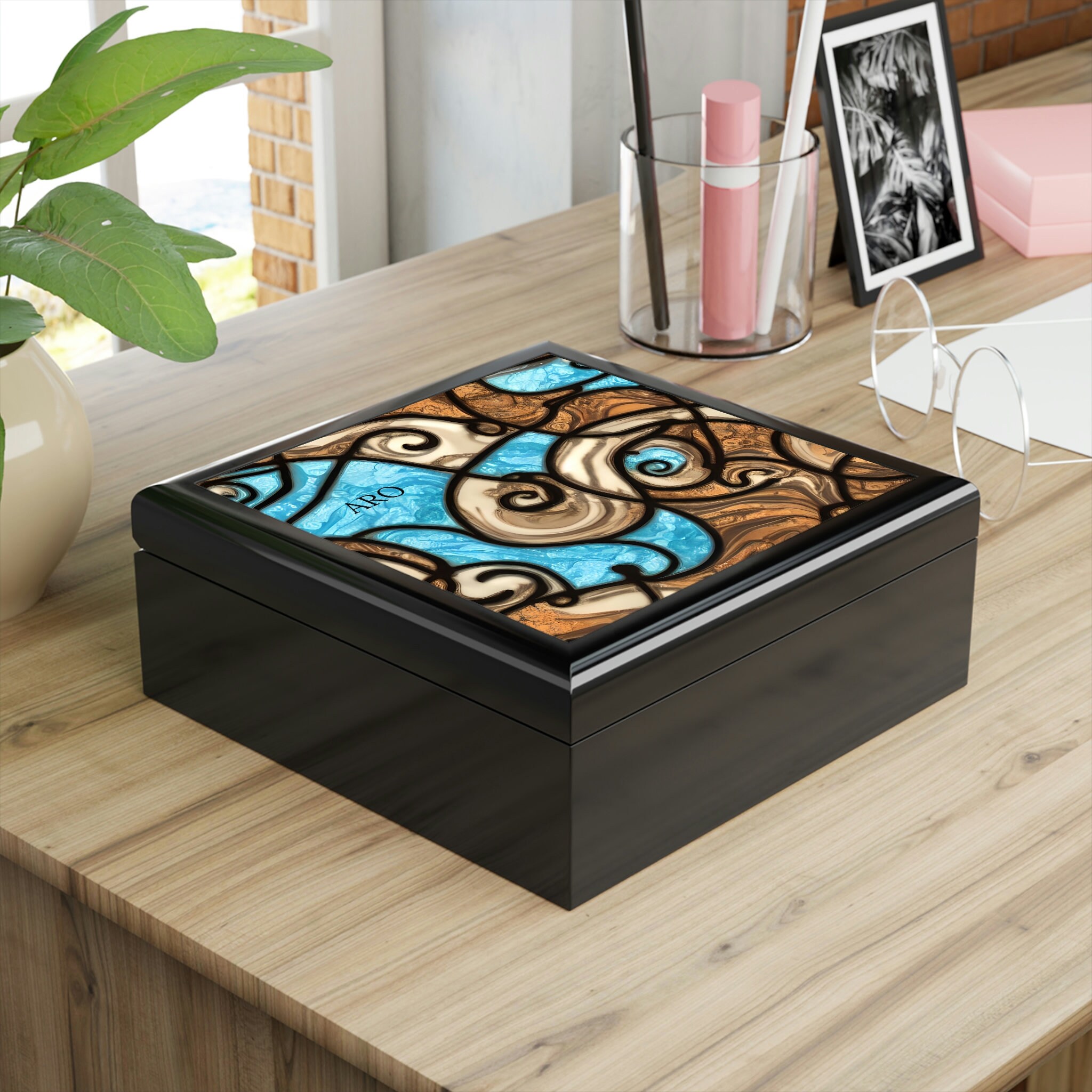 Mosaic Blue Oak Wood Box - Personalized Abstract Wooden