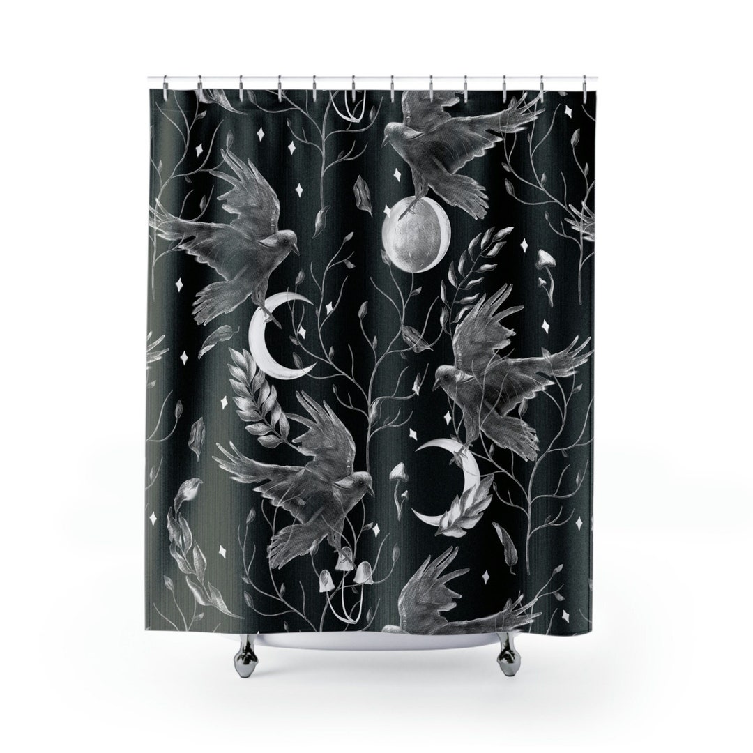 Black Raven Shower Curtain Dark Celestial Moon Shower Etsy