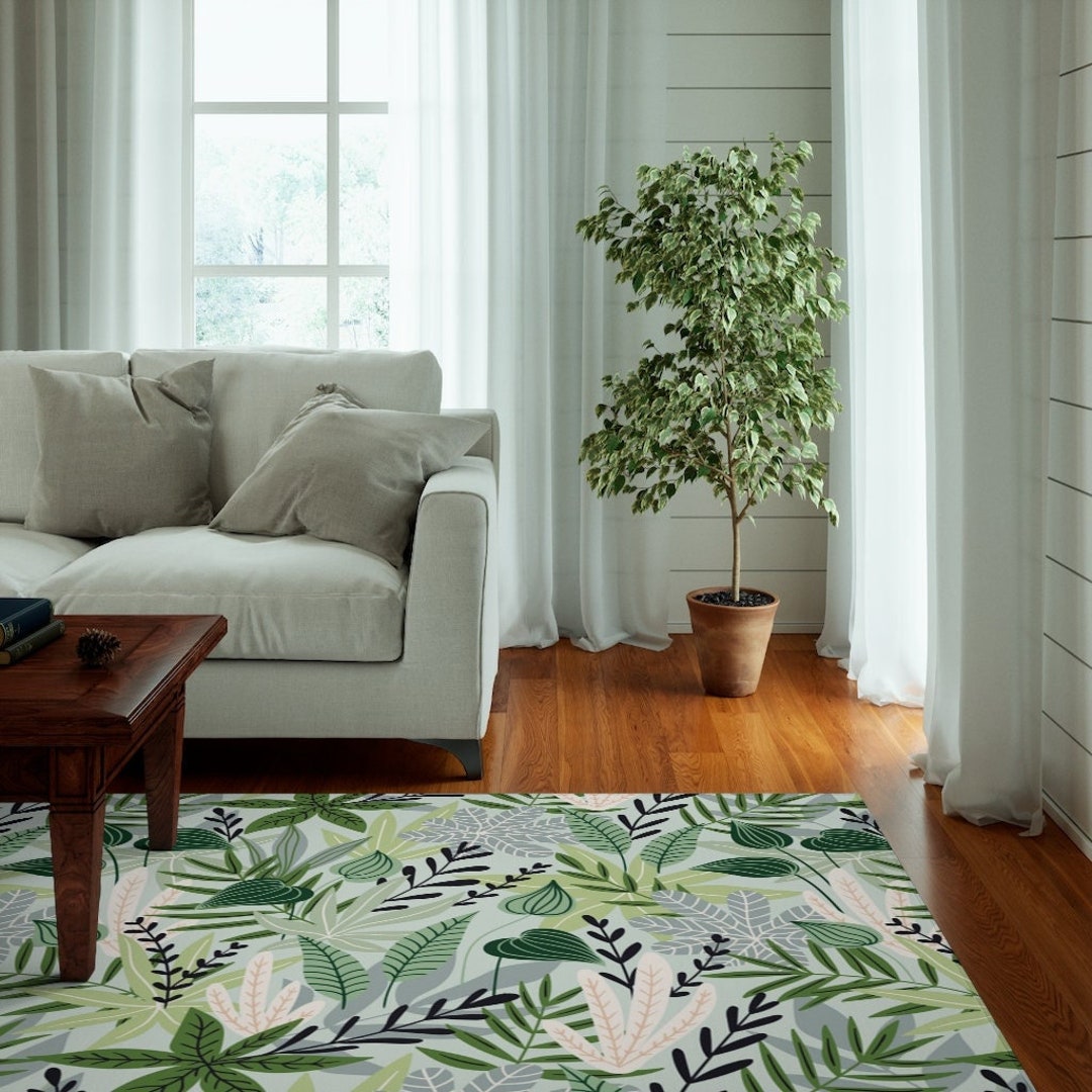 Green Leaf Area Rug Botanical Rug, Nature Rug for Living Room, Forest