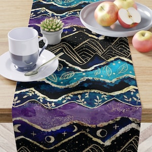 Dark Boho Table Runner - Magical Moon and Stars Celestial Mountain Table Runner