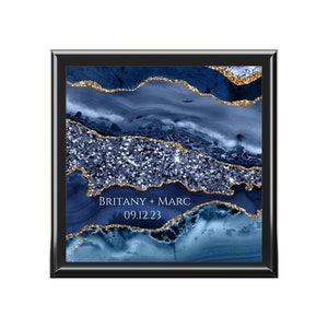 Sapphire Blue Art Memory Box Wooden -  Geode Custom Anniversary Date Keepsake Box 45th Wedding Anniversary Gift