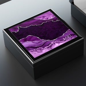 Purple Geode Art Keepsake Box For Women - Custom, Agate Print Womens Jewelry Box Wooden, Black Wood Keepsake Box Gift for Her