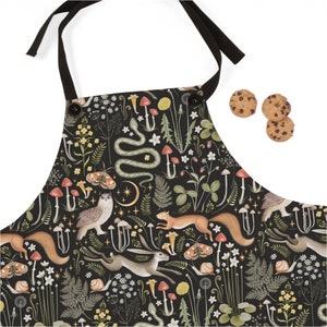 Woodland Kitchen Apron - Animal Apron Mushrooms Enchanted Forest Kitchen Decor Holiday Gift Ideas Moth Moon and Stars