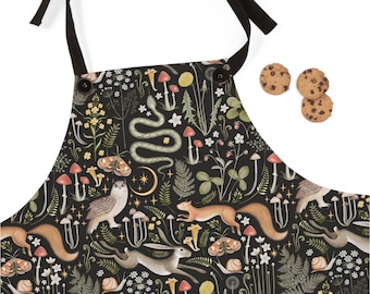 Woodland Kitchen Apron - Animal Apron Mushrooms Enchanted Forest Kitchen Decor Holiday Gift Ideas Moth Moon and Stars