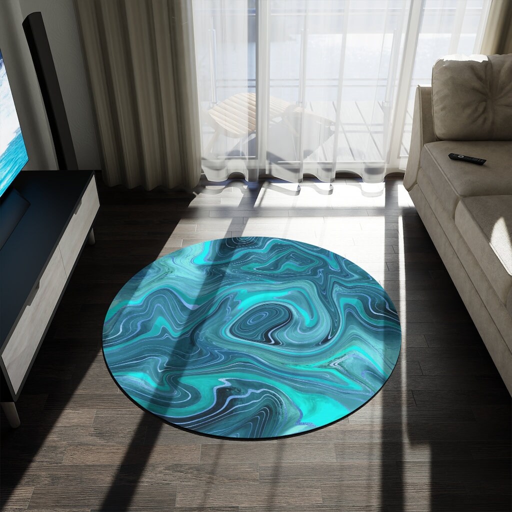 Teal Blue Round Rug Marble Area Rug Round Geode Eclectic Rug Etsy