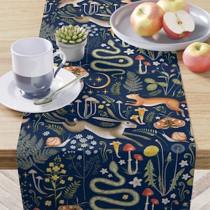 Table Runner Dark Boho Mushroom Forest Table Runner - Woodland Animal, Owl Celestial Table Runner