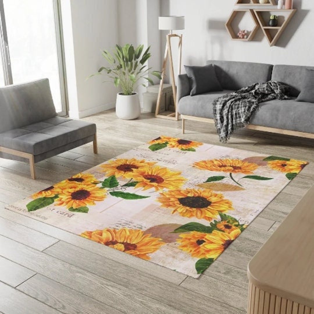 Floral Area Rug Yellow Flower Rug, Modern Boho Rug, French Rug