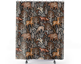 Scandinavian Rustic Woodland Shower Curtain - Dark Brown Animal Forest Shower Curtain