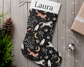 Winter Woodland Animal Stocking - Custom, Mushroom Moon Forest Fox Owl Wolf Stocking