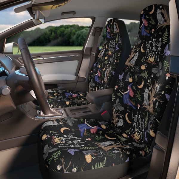 Witchy Forest Car Seat Covers - Halloween Car Seat Covers Spooky Car Decor Dancing Skeletons Pumpkin Car Accessories