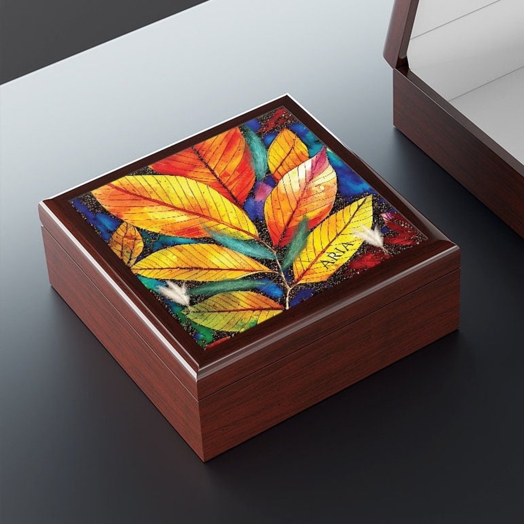 Fall Leaf Jewelry Box for Girls Women Custom Wood, Mahogany Jewelry Box, Autumn Jewelry Box Wood