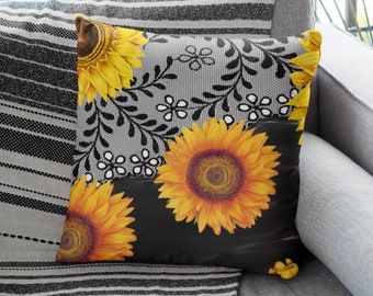 Modern Retro Sunflower Pillow - Dark Botanical Vintage Sunflower Throw Pillow Floral Black Lace Flower Art Pillows