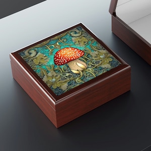 Mushroom Jewelry Box Wooden - Dark Forest Cottagecore Trinket Box William Morris Fairytale Jewelry Box Mushroom Botanical