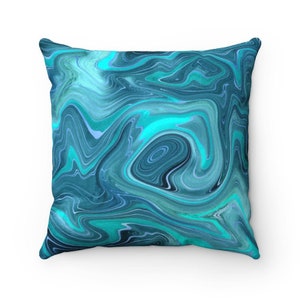 Blue Teal Throw Pillow - Abstract Modern Eclectic Marble Pillow Teal Blue Living Room Decor