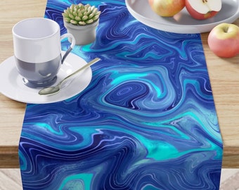 Blue Marble Table Runner - Abstract Eclectic Dark Blue Geode Table Runner Abstract Ocean Table Linen 90 inch