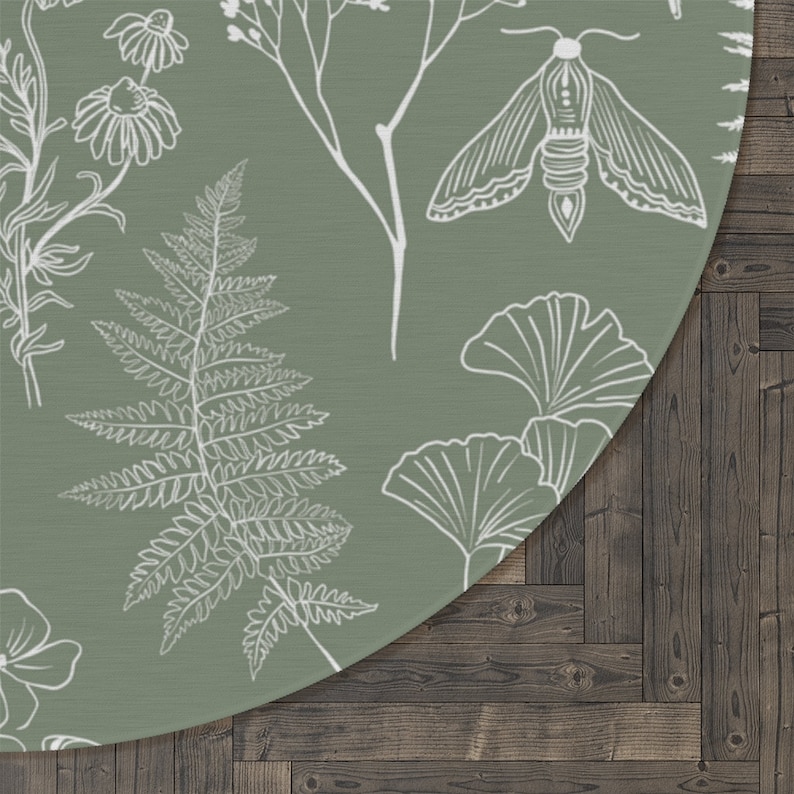 Sage Green Round Area Rug Neutral Botanical Bedroom Rug Etsy