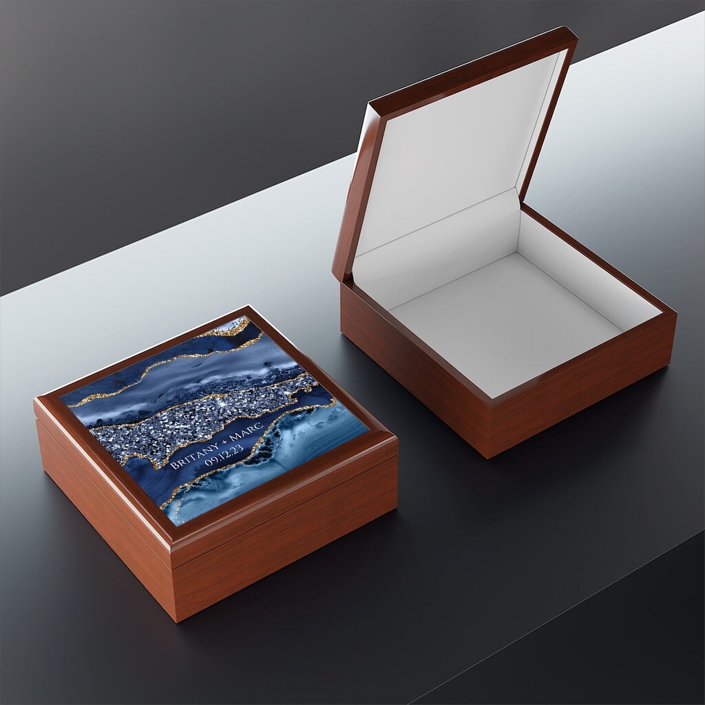 予約済み2100■10TH ANNIVERSARY MEMORIAL BOX Sapphire Blue Art Memory Box Wooden - Geode Custom