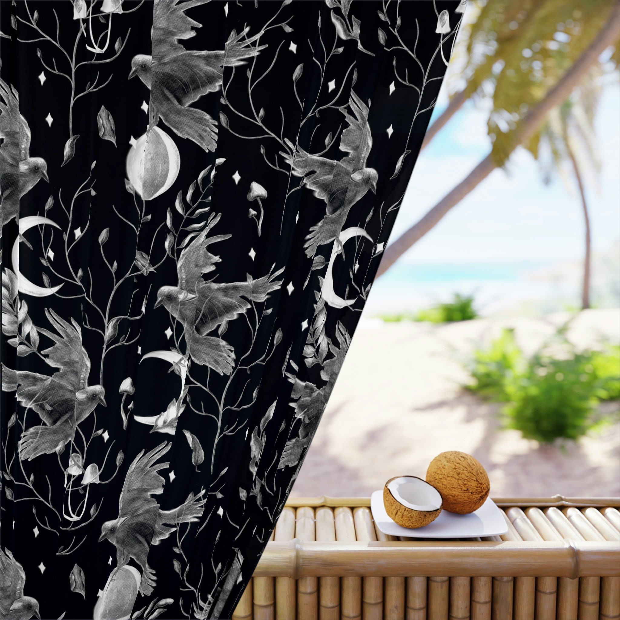 Gothic Blackout Curtain - Black Raven Curtains Moon Forest Celestial Window Curtains  Dark Witchy Home Decor 84 Inch - Etsy, image size:2048x2048