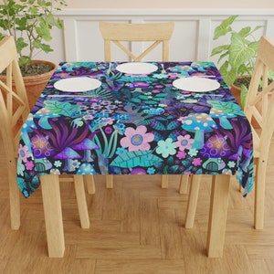 Enchanted Forest Tablecloth - Colorful Floral Blue Purple Magic Mushroom Tablecloth