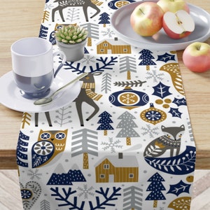 Scandinavian Christmas Table Runner - Scandi Animal Winter Holiday Table Runner, Reindeer Table Decor