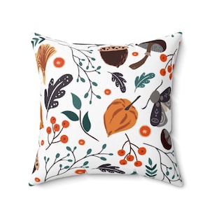 Contemporary Autumn Throw Pillow - Fall Mushroom Leaf Pillow, Pumpkin Pillow, Thanksgiving Throw Pillow