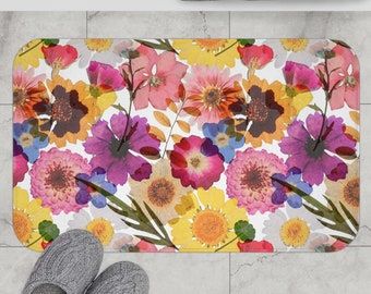 Modern Pressed Flowers Standing Mat - Anti Fatigue Floral Kitchen Mat Whimsical Spring Botanical Bath Mat