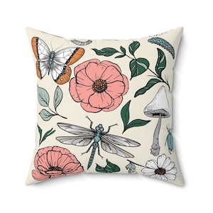 Retro Boho Throw Pillow - Neutral Earth Tones Floral Hippie Mushroom Dragonfly Beige Pillow For Girls Bedroom Decor Nursery Pillow