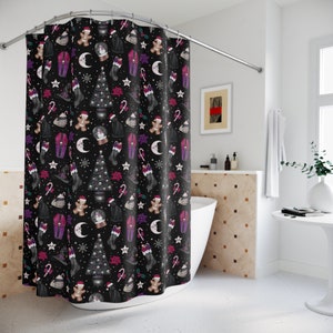 Spooky Christmas Shower Curtain - Dark Witchy Nightmare Christmas Halloween Shower Curtains Skull Skeleton Goth Bathroom Decor