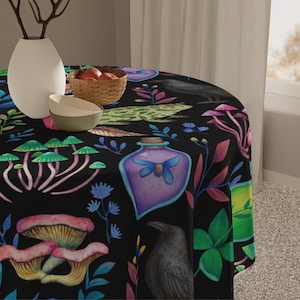 Magic Witch Potion Tablecloth - Black Mushroom Forest Tablecloth Halloween, Black Crow, Frogs