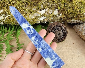 Sodalite Obelisk from Brazil, Polished Crystal Point Tower, Blue + White Self Standing, Home Decor Natural Stone