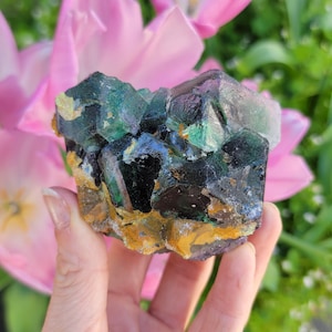 May include: A cluster of green, black, and gold fluorite crystals. The crystals are iridescent and have a variety of shapes and sizes.