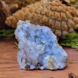 May include: A cluster of light blue fluorite crystals with a rough, gray, and white matrix. The crystals are translucent and have a slight shimmer.