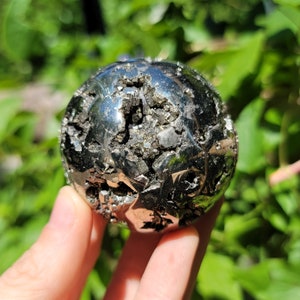Polished Pyrite Sphere from Peru, Fool&#39;s Gold Terminated Vugs Orb