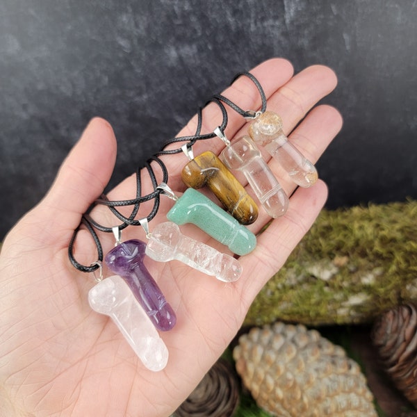 Crystal Penis Necklaces from Brazil, Mixed Dicks, Pendant Jewelry, Phallic, Quartz, Tiger's Eye, Amethyst, Rose Quartz, Aventurine, Gag Gift