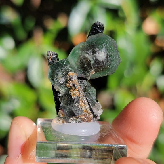 Green Fluorite With Smoky Quartz, Black Tourmaline + Hyalite Opal