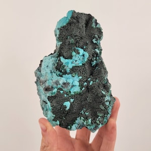 May include: A large, irregularly shaped piece of turquoise blue and black mineral. The mineral has a rough, textured surface.