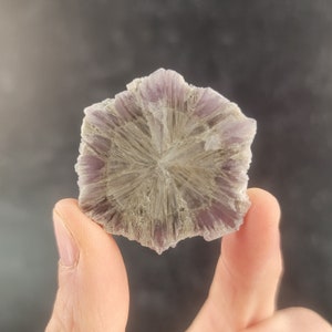 Rodaja de aragonito morado brillante de La Pesquera, Cuenca, España, luz negra reactiva a los rayos ultravioleta, fluorescente, placa pulida, cristal de piedra preciosa