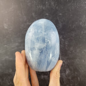 Blue Calcite Freeform from Madagascar, Polished Crystal Display Self Standing