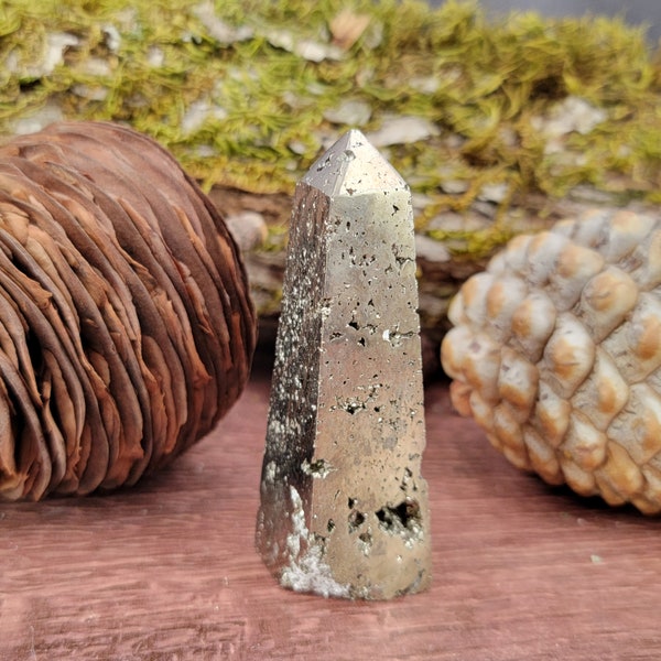 Pyrite Obelisk from Peru, Polished and Natural Vug Crystals, Fool's Gold Tower Display