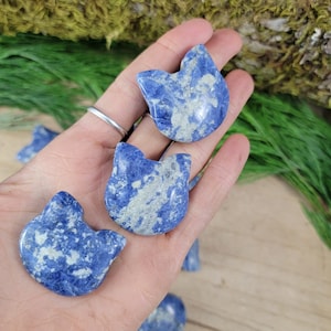Faccia di gatto in sodalite dal Brasile, gattini di cristallo intagliati e lucidati