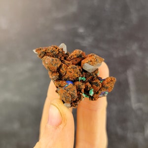 Limonite over Quartz with Azurite + Malachite from M&#39;Cissi, Morocco, Red Quartz, Fibrous Malachite, Bladed Azurite Crystals
