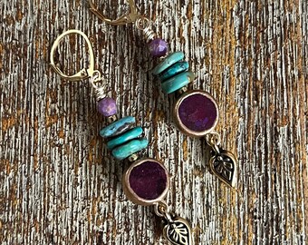 Artisan Turquoise, Purple Mohave Turquoise and Phosphosderite Earrings Boho