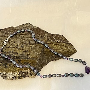 Hand Crafted Peacock Pearl and Amethyst Knotted Necklace N8