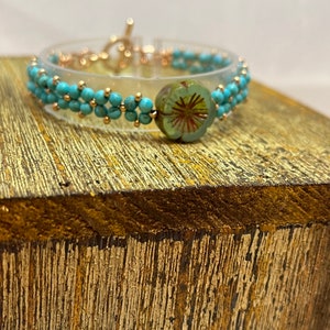 Hand Beaded Turquoise and Hibiscus Flower Bracelet B5