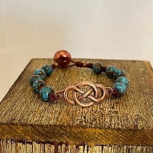 Hand Beaded Copper, Leather and Italian Glass Bracelet B75